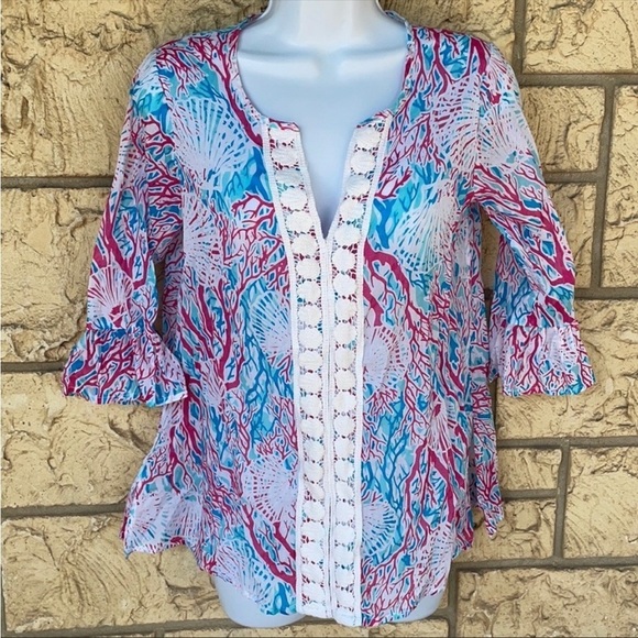 Coral Shells Tunic Beach Vacation Blouse comfy Size Med - Picture 8 of 8